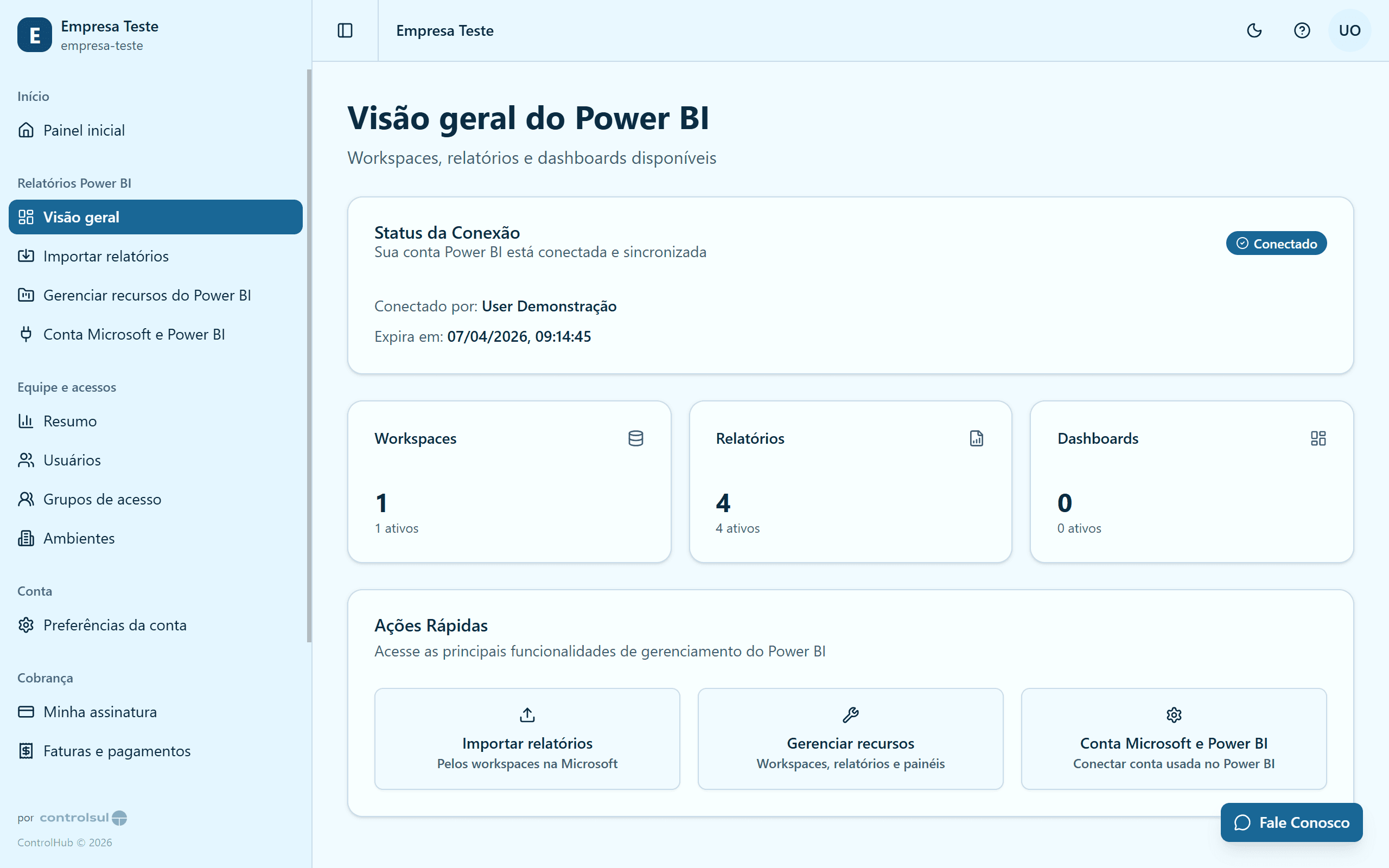 Visão geral do Power BI no ControlHub mostrando workspaces, relatórios e dashboards
