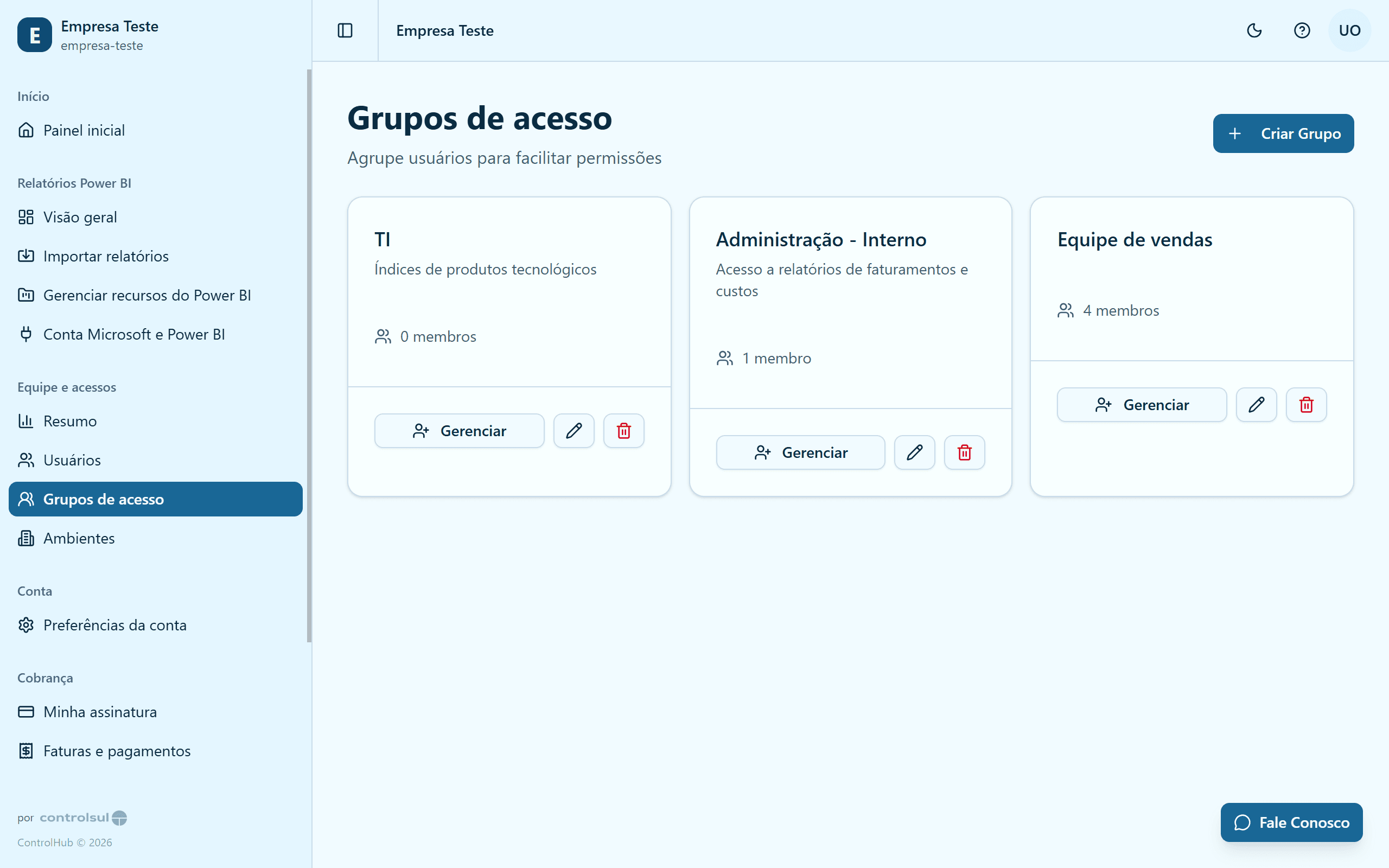 Configuração de grupos de acesso no ControlHub
