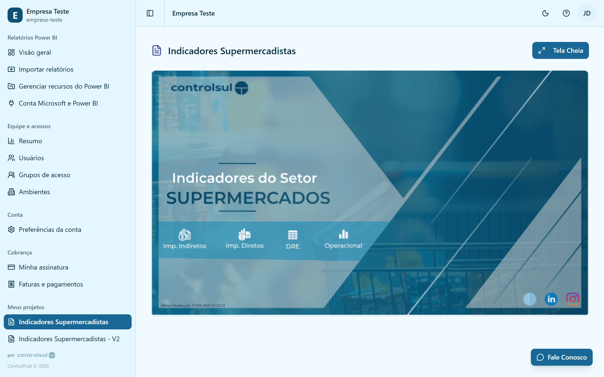 Relatório Power BI incorporado no ControlHub com indicadores supermercadistas